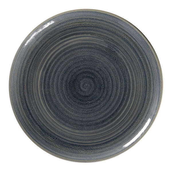 A jade porcelain flat coupe plate with a spiral design on it.