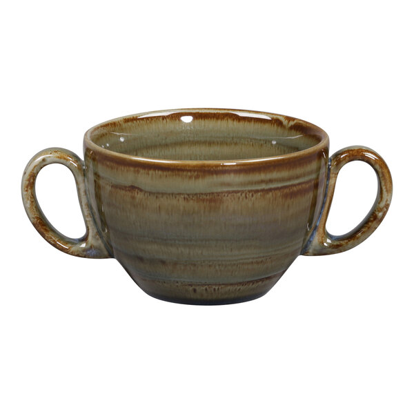 A brown and green RAK Porcelain bouillon cup with handles.