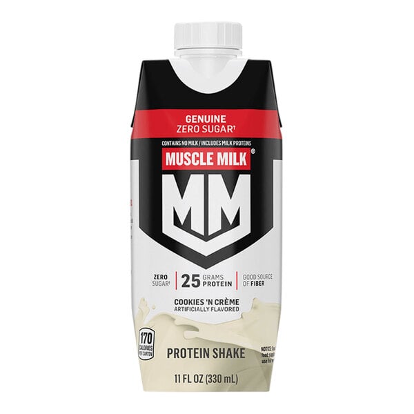 A case of 12 Muscle Milk Cookies 'n Creme protein shakes with a label on it.