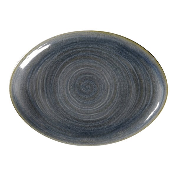 A jade porcelain oval platter with a grey and white swirl design.