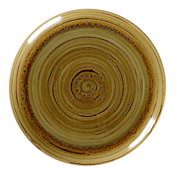 A brown RAK Porcelain flat coupe plate with a circular design.
