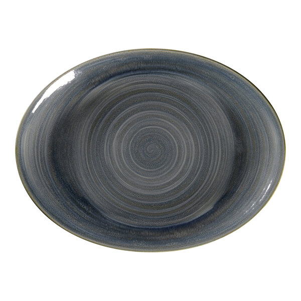 A jade porcelain oval platter with a spiral design on it.