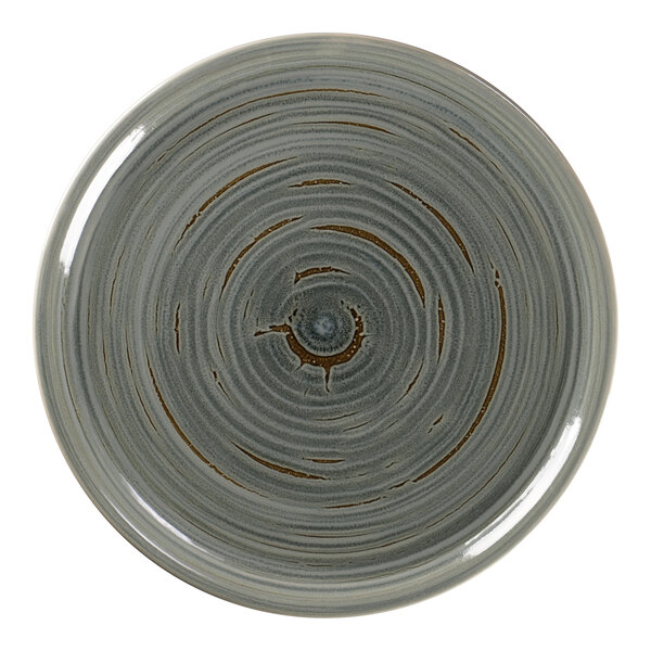 A grey RAK Porcelain pizza plate with a spiral pattern in the center.