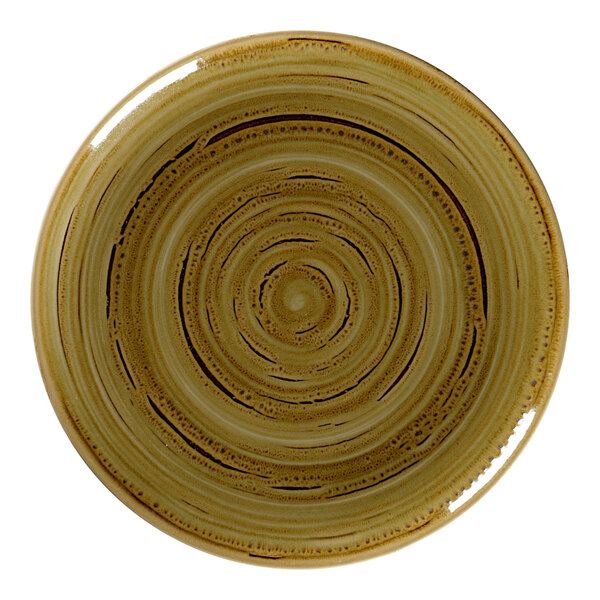 A brown RAK Porcelain flat coupe plate with a circular spiral design.