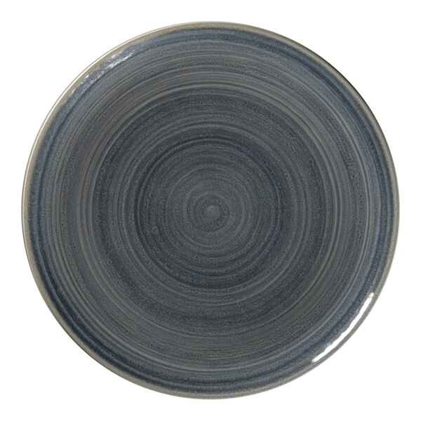 A close-up of a jade RAK Porcelain flat coupe plate with a grey circular design.