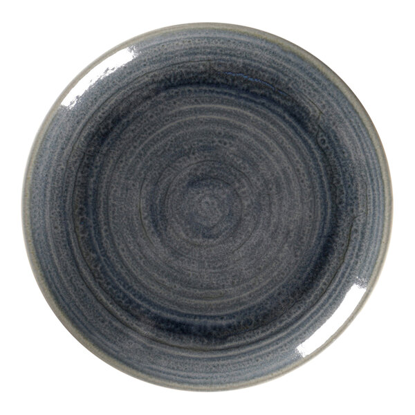 A close-up of a jade RAK Porcelain flat coupe plate with a circular design in the center.