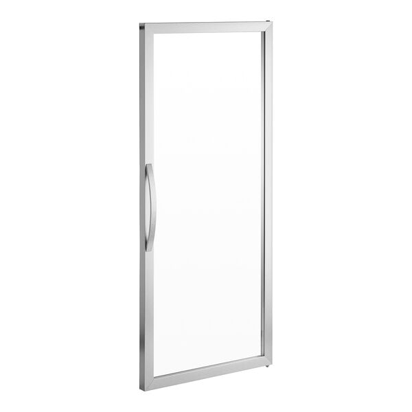 An Avantco white glass door with a glass door handle.