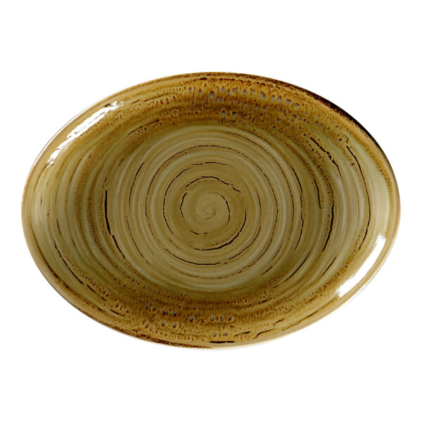 A brown porcelain oval platter with a spiral pattern.