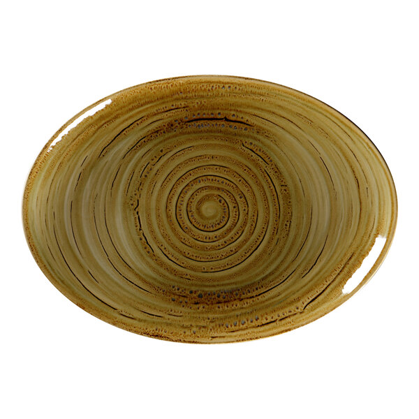 A brown RAK Porcelain oval platter with a spiral pattern.