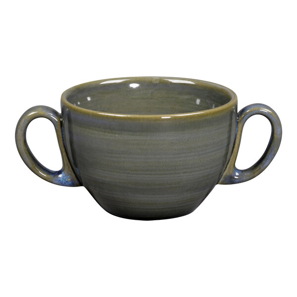 A close-up of a jade RAK Porcelain bouillon cup with handles.