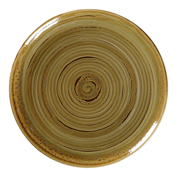 A brown RAK Porcelain flat coupe plate with a spiral design.