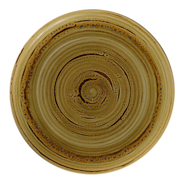 A brown RAK Porcelain flat coupe plate with a spiral design on it.
