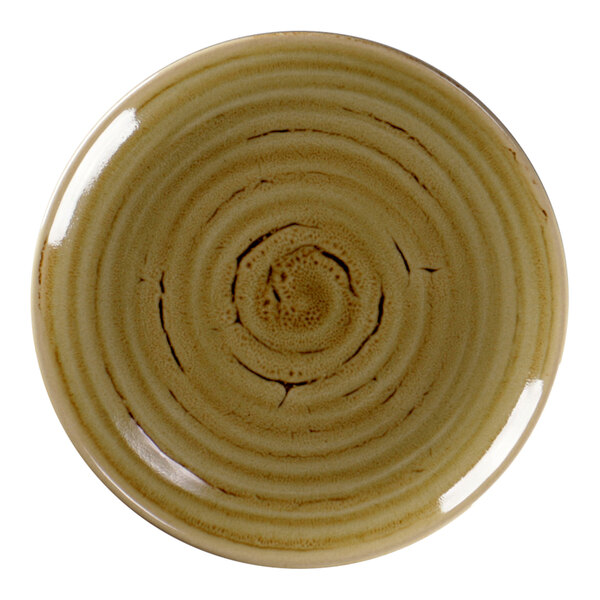 A close-up of a RAK Porcelain garnet porcelain plate with a spiral design.