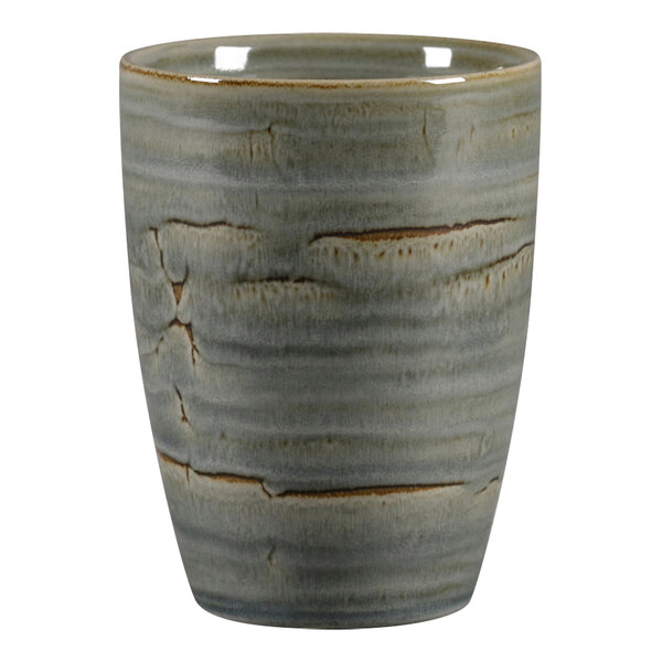 A close up of a RAK Porcelain peridot mug with a brown and gray design.