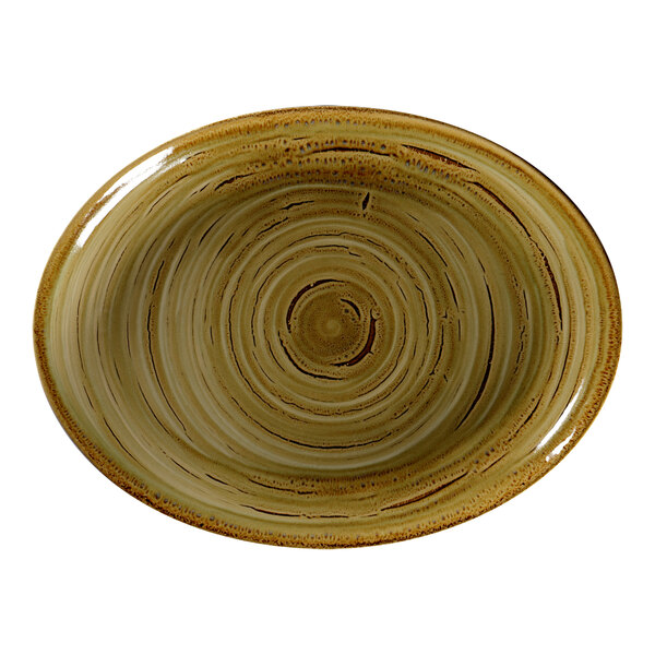 A brown oval RAK Porcelain platter with a spiral design.
