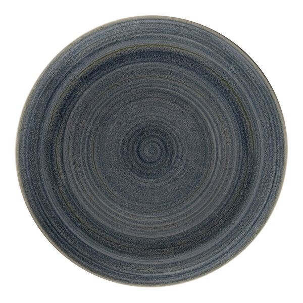 A jade porcelain flat coupe plate with a spiral design in the center.