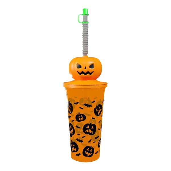 A 32 oz. plastic souvenir cup with a straw and pumpkins on it.
