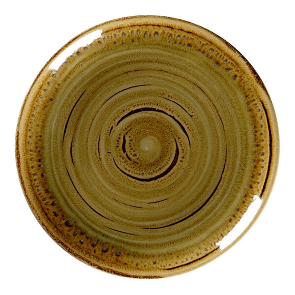 A brown RAK Porcelain flat coupe plate with a circular design on it.