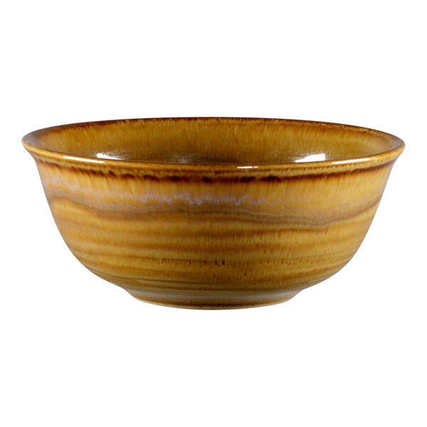 A brown bowl with a brown rim on a white background.