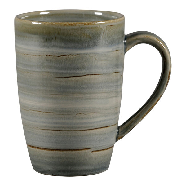 A close-up of a RAK Porcelain Peridot mug with a handle.