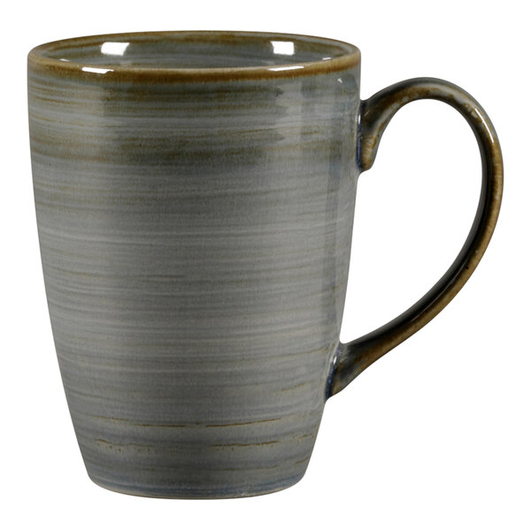 A close-up of a grey RAK Porcelain mug with a handle.