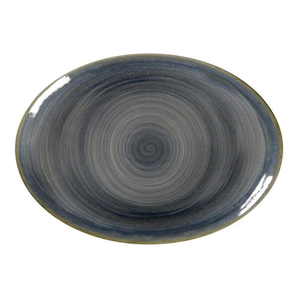 A jade oval porcelain platter with a grey and white swirly circle design.