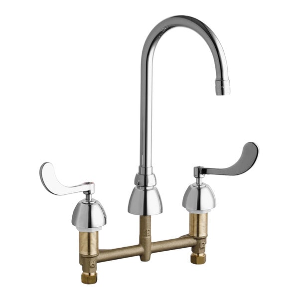 A chrome Chicago Faucets deck-mounted faucet with 8" fixed centers, a rigid/swing gooseneck spout, and wristblade handles.