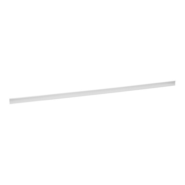 A long white shelf channel label holder with a white background.