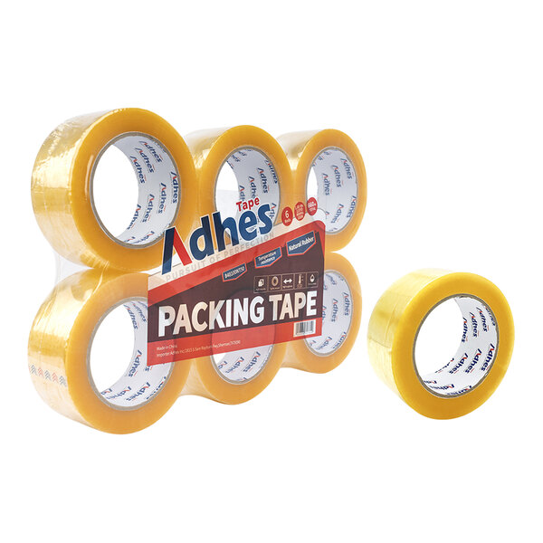 A group of yellow Adhes packaging tape rolls with yellow labels.