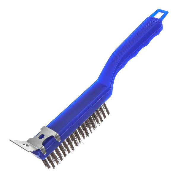 A blue Carlisle utility brush with stainless steel bristles and a scraper.