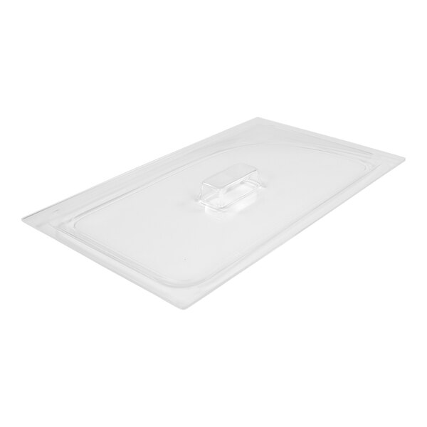 A clear plastic Dinex food pan lid with a rectangular handle.