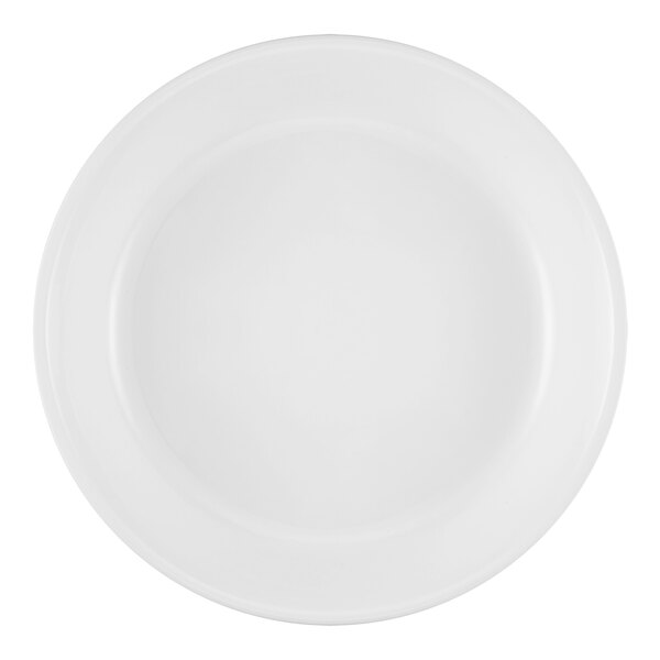 A white Dinex entree plate with a white rim.