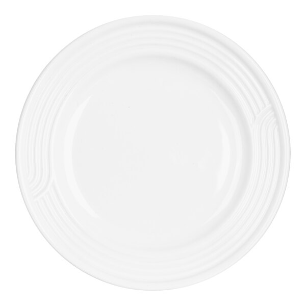 A close up of a white Dinex bread and butter plate with a thin circular edge.