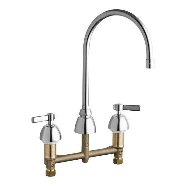 A Chicago Faucets deck-mounted faucet with two brass lever handles and an 8" gooseneck spout.