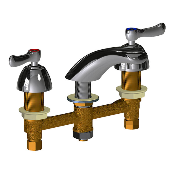 A Chicago Faucets deck-mounted faucet with two lever handles.