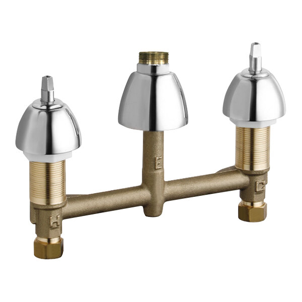 A Chicago Faucets deck-mounted faucet base with 8" fixed centers.