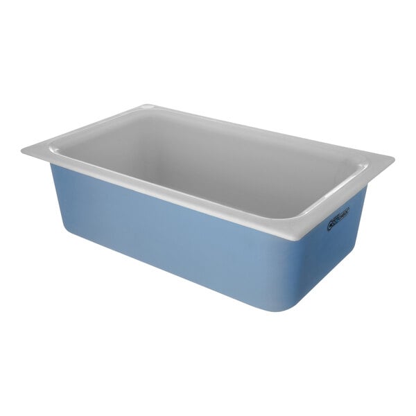 A white Dinex Coldmaster CoolCheck cold food pan with a blue lid.