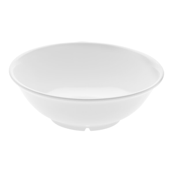 A close-up of a white Carlisle melamine bowl with a white background.