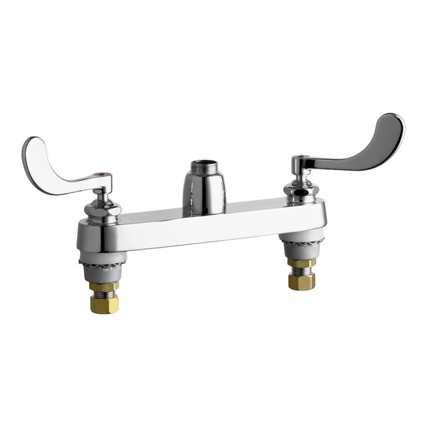 A Chicago Faucets deck-mounted faucet base with 8" fixed centers for two handles.