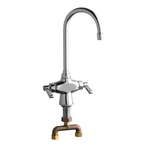 A Chicago Faucets deck-mounted single-hole faucet with lever handles and a gooseneck spout in chrome.