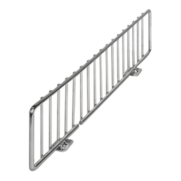 A chrome metal fencing divider for gondola shelving.