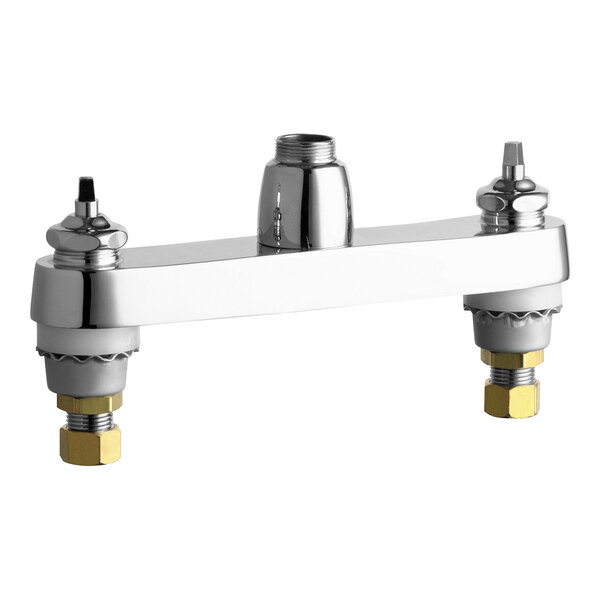 A silver Chicago Faucets deck-mounted base with gold hardware.