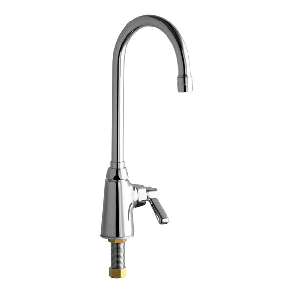 A Chicago Faucets deck-mounted single-hole faucet with a chrome finish and a gold lever.