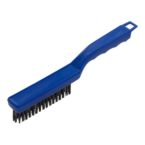 A blue Carlisle utility brush with metal bristles.