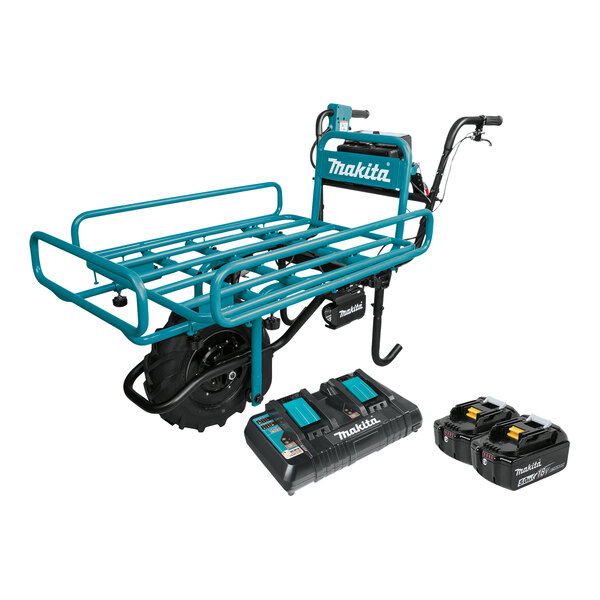 A blue and black Makita power-assisted dolly with two batteries and a charger.