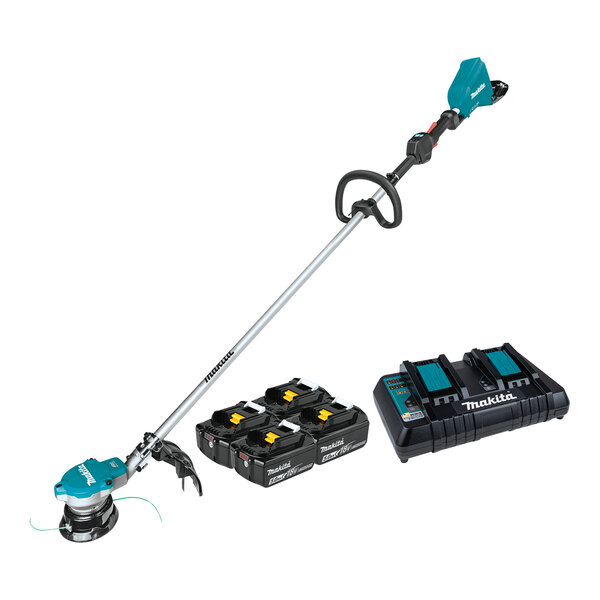 A Makita cordless string trimmer kit with 4 black lithium-ion batteries and a dual-port charger.