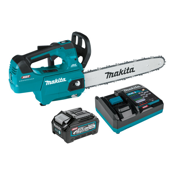 A blue and black Makita cordless chainsaw with a lithium-ion battery installed.