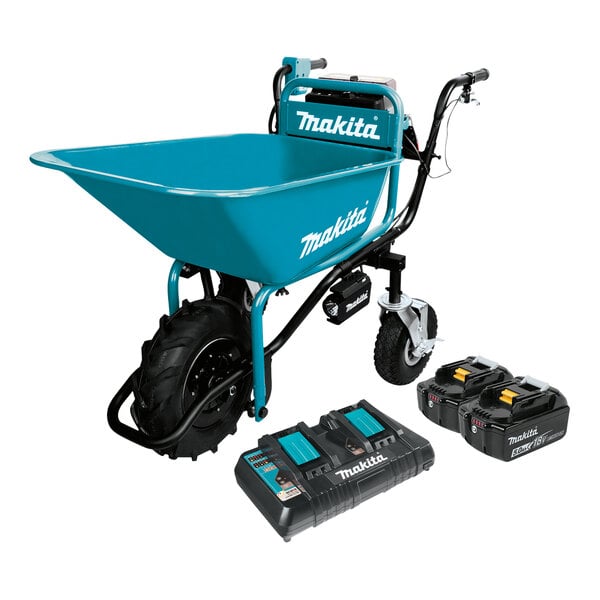 A black and blue Makita power-assisted wheelbarrow with two batteries.