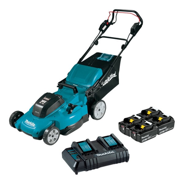 A blue Makita self-propelled lawn mower with a black handle and batteries.