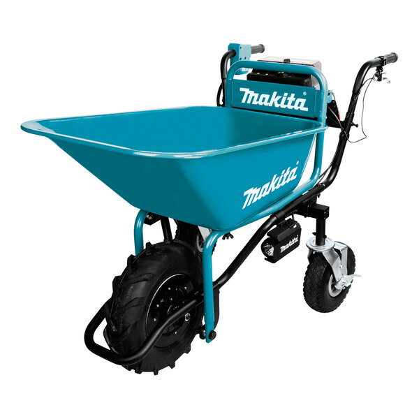 A Makita blue power-assisted wheelbarrow.